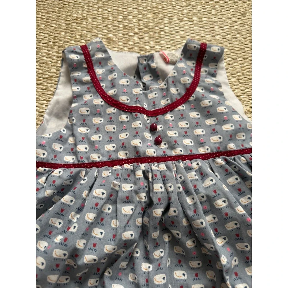 Vintage Toddler Girls Sheep Floral Applique Pinafore Dress Blue Burgundy Size 4T